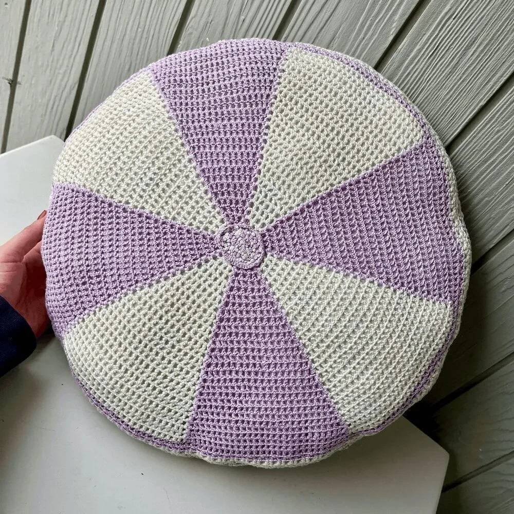VTG Hand-Crocheted Round Pillow | Lavender & White Pinwheel Pattern | Refreshed